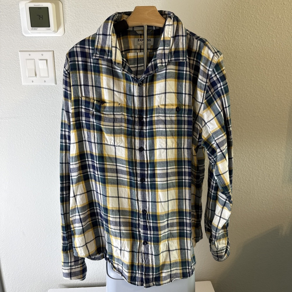 Express Men's Flannel Long Sleeve Button‎ Down Shirt Blue/Yellow Plaid Size XL